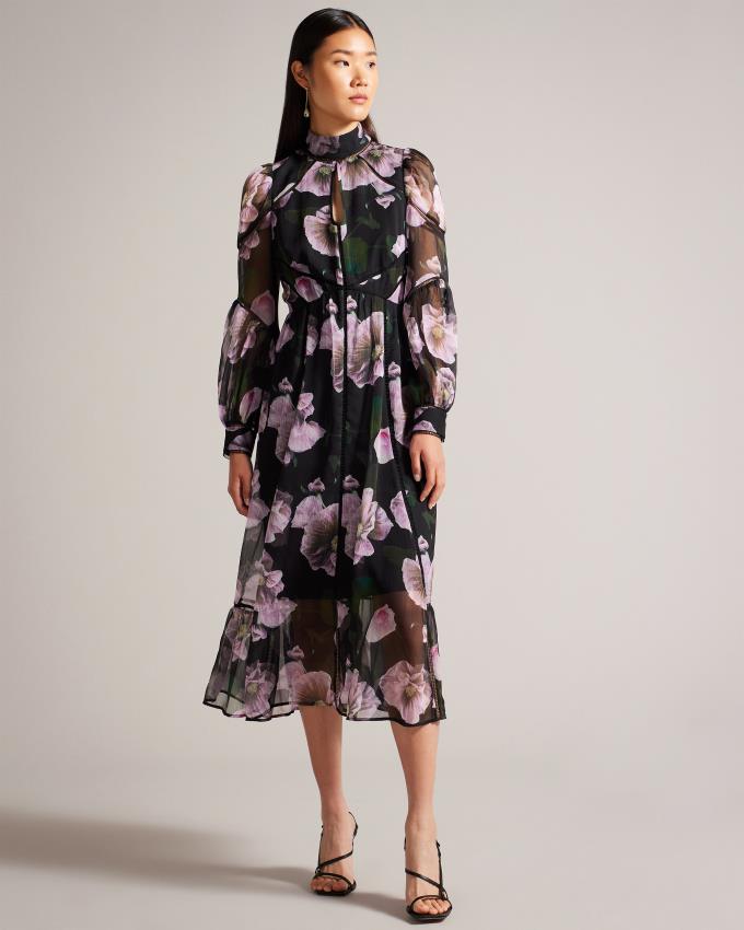 Peignoir Ted Baker Floral Midi With Ladder Lace Noir Femme | KJK-78879232